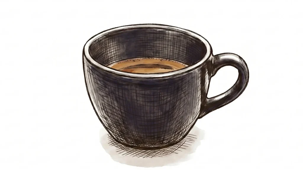 Hand-sketched illustration of a dark espresso cup with fresh crema on a white background.