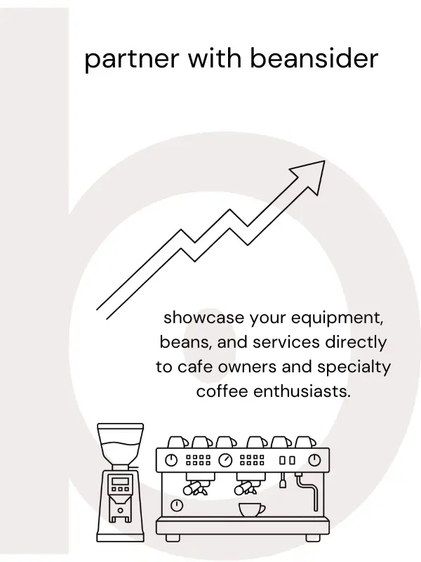 Minimalist B2B advertising illustration for Beansider platform with a growth chart and espresso equipment.