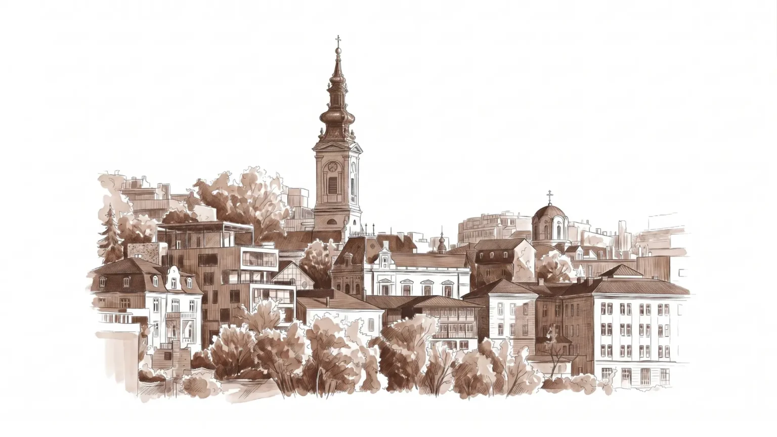 Monochromatic brown illustration of the historical skyline representing Belgrade