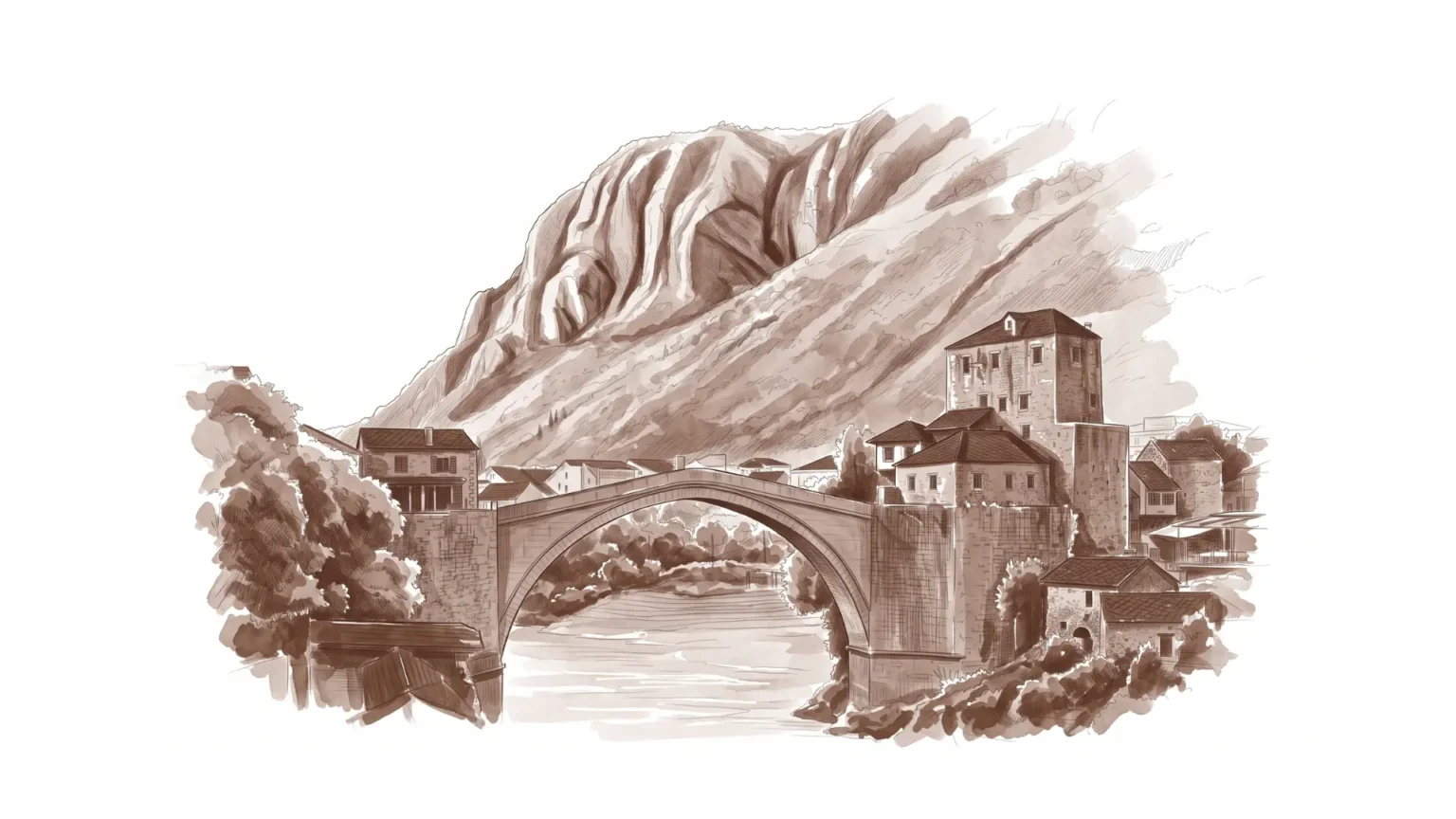 Monochromatic brown illustration of the Stari Most bridge representing Bosnia and Herzegovina