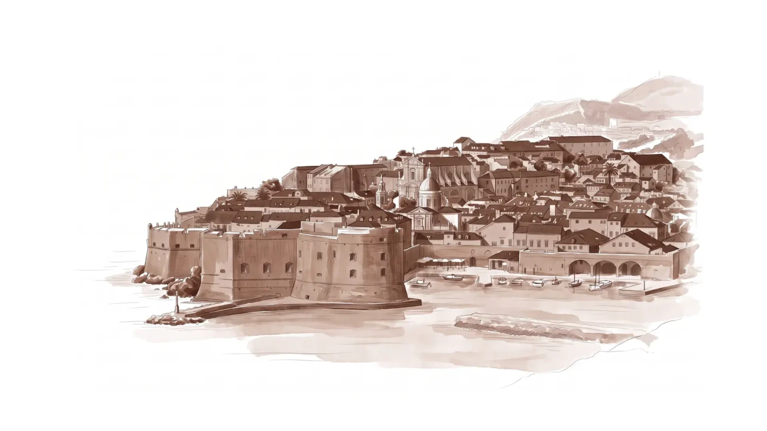 Monochromatic brown illustration of the walled city of Dubrovnik representing Croatia
