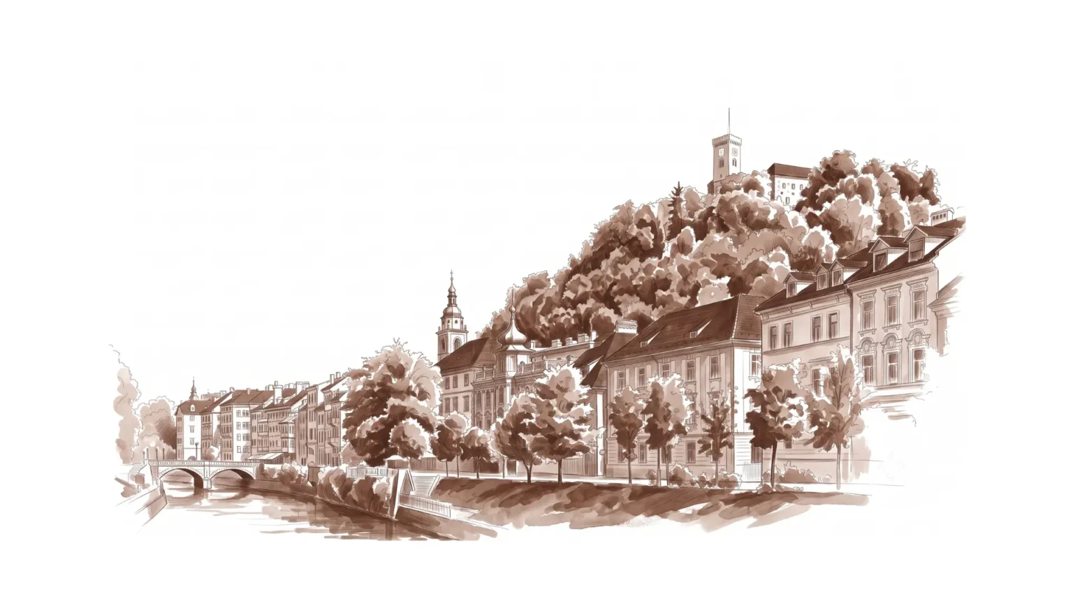 Monochromatic brown illustration of the Ljubljana Castle representing Ljubljana