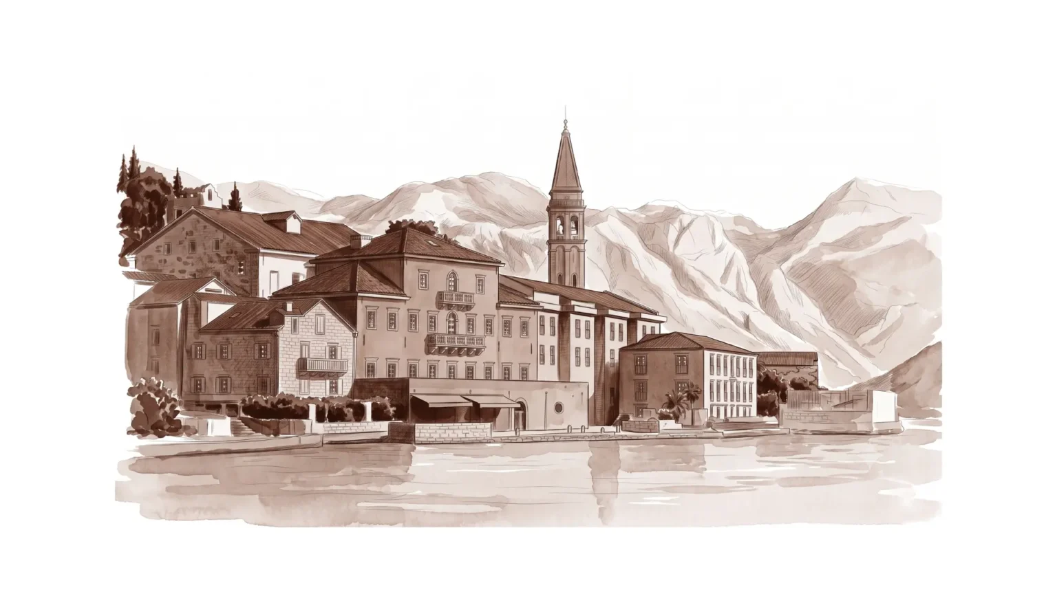 Monochromatic brown illustration of a historic coastal town representing Montenegro