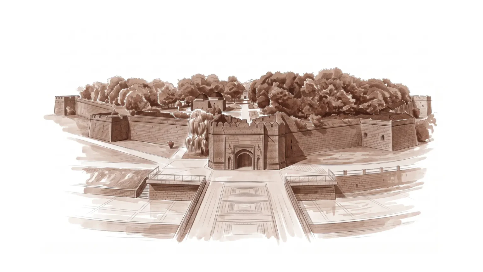 Monochromatic brown illustration of the Niš Fortress representing Niš