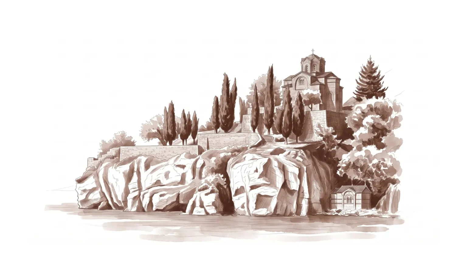 Monochromatic brown illustration of the Church of St. John at Kaneo representing North Macedonia