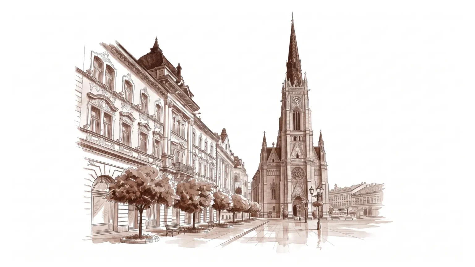 Monochromatic brown illustration of the Name of Mary Church representing Novi Sad