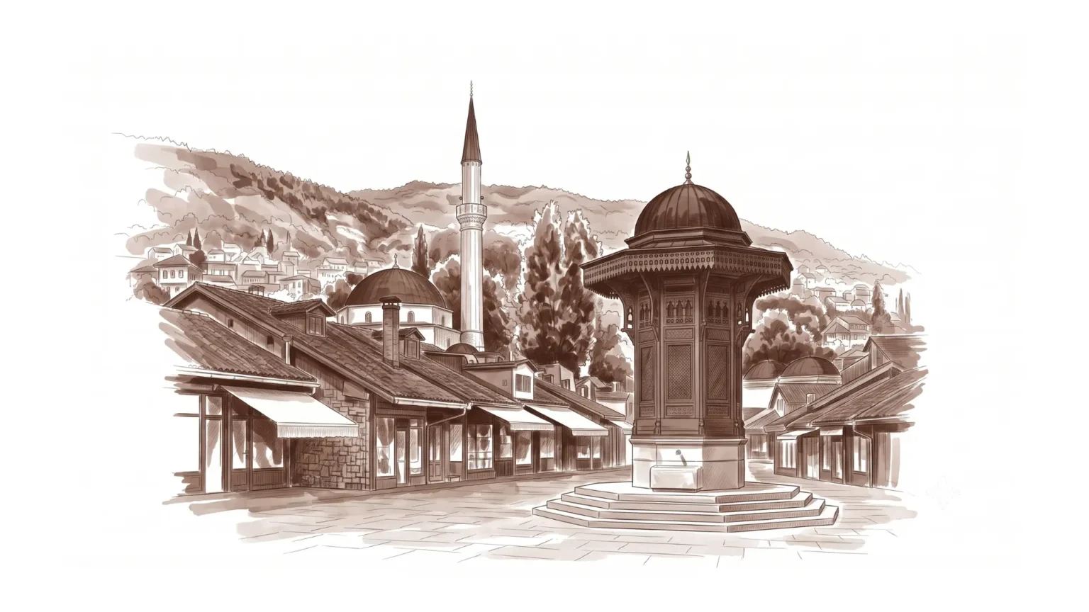 Monochromatic brown illustration of the Sebilj fountain representing Sarajevo