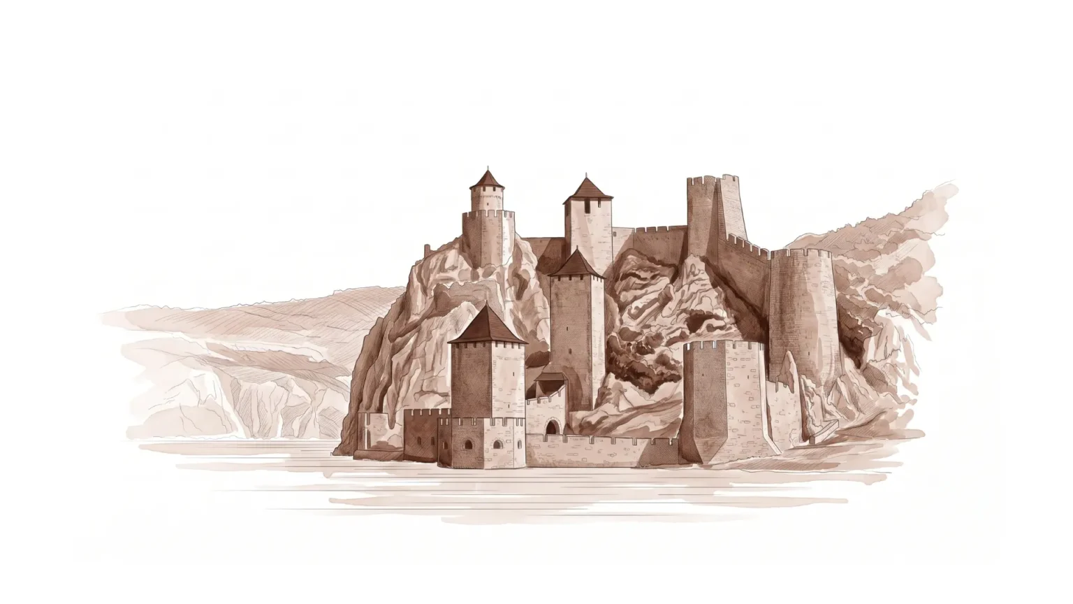 Monochromatic brown illustration of the Golubac Fortress representing Serbia