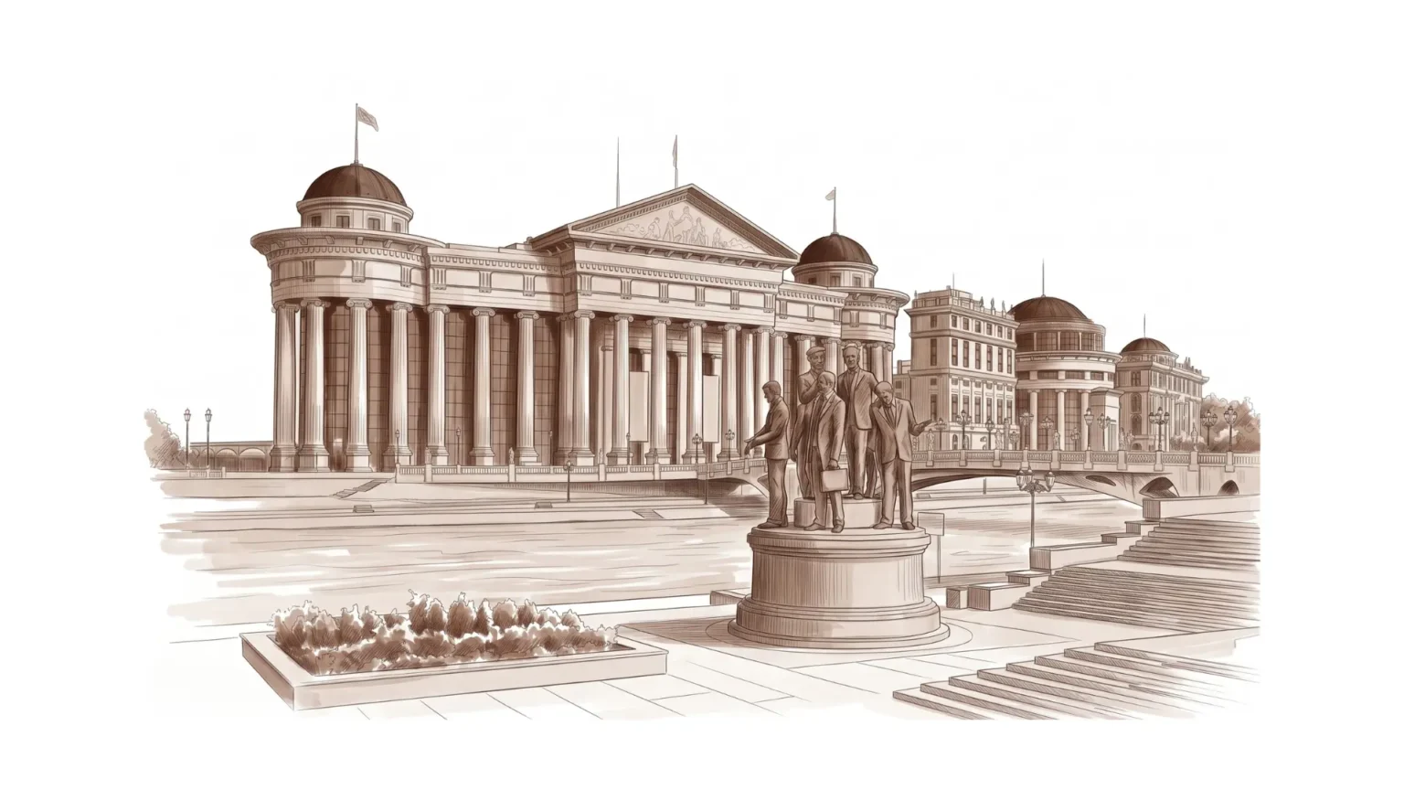 Monochromatic brown illustration of the Archaeological Museum representing Skopje