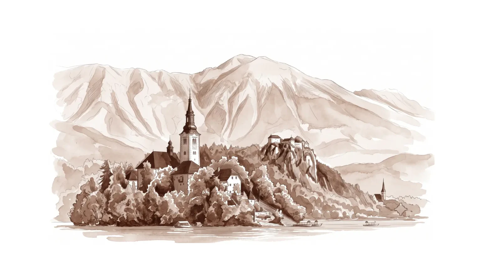 Monochromatic brown illustration of an alpine church landscape representing Slovenia