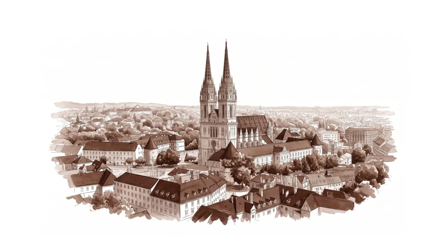 Monochromatic brown illustration of the Zagreb Cathedral representing Zagreb