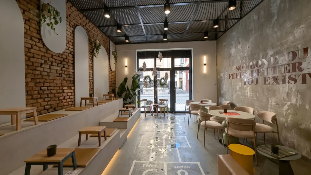 Interior seating at Backyard Coffee specialty cafe in Sarajevo.