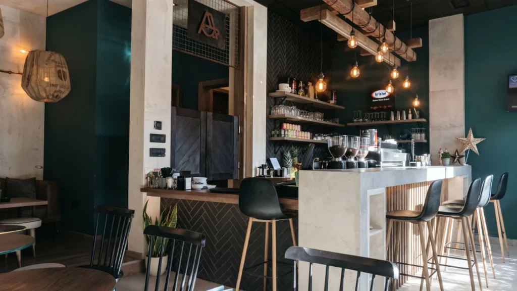 Interior of caffe bar Akademija, a modern and stylish specialty coffee shop in Novi Sad, shown without people.